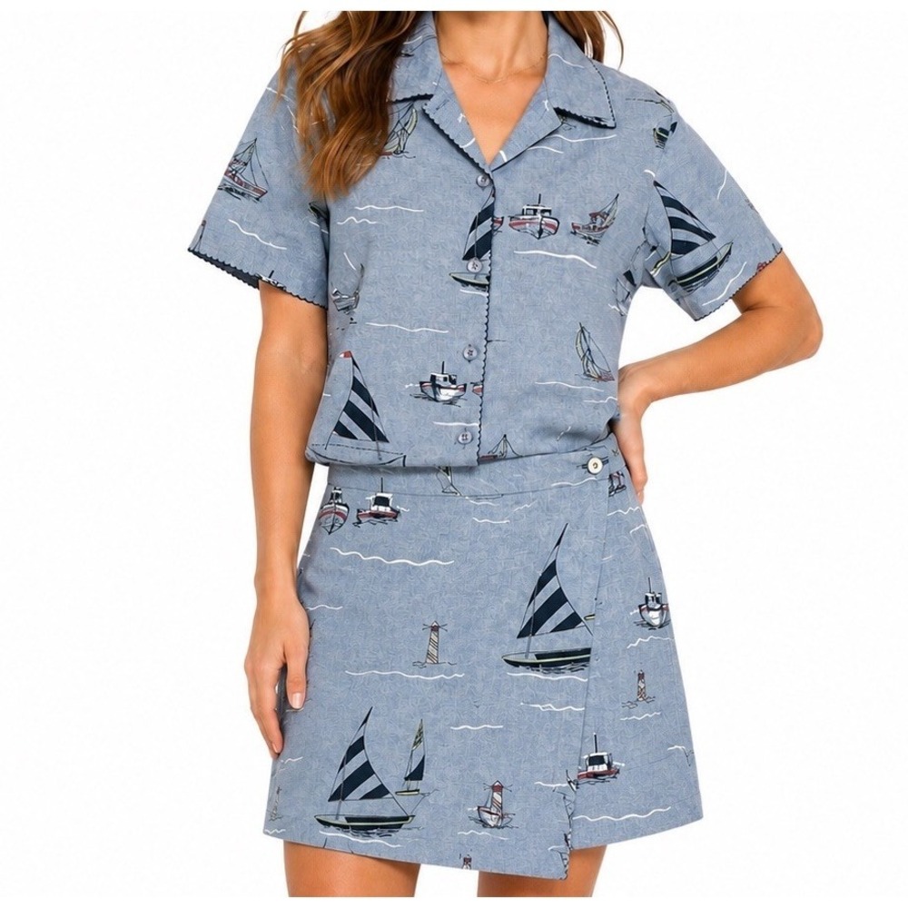 Matching Set Button Top & Skort Vintage Rare Cotton S Nautical 90s Coastal